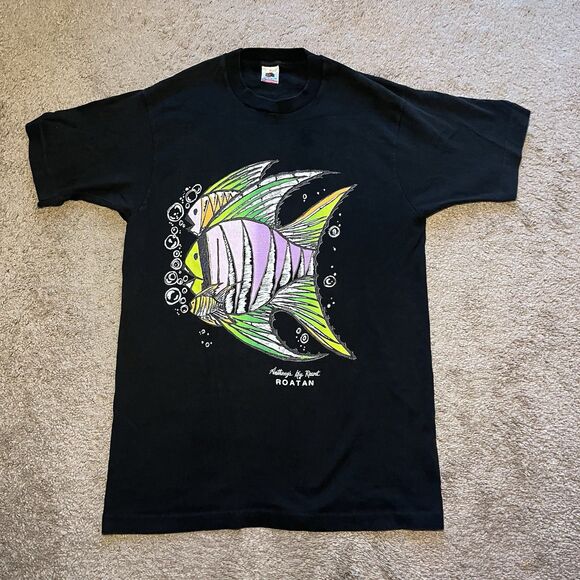 Vintage Roatan Honduras T-Shirt Fish Graphic 90s Made in USA Fruit of the Loom L - Picture 1 of 6